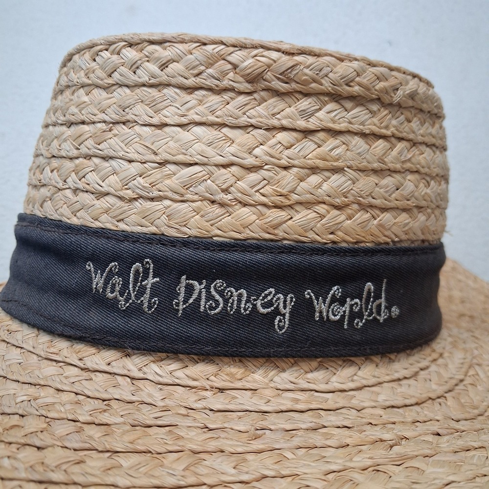 Walt Disney World Straw Boater Hat Adult Black Ribbon Sand Dollar Sun Hat